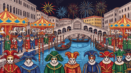 Vibrant pixel art carnival scene with masked people in elaborate costumes celebrating by a canal with a historic bridge, carousels, and fireworks in the night sky