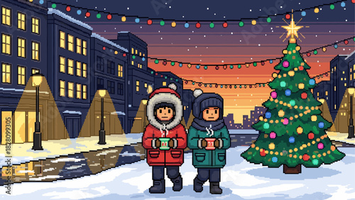Two pixel art characters in winter coats hold steaming mugs while walking on a snowy city street decorated with a Christmas tree and festive lights during a winter evening