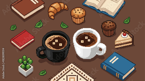 Pixel art collection of coffee cups, books, and pastries creating a cozy study or breakfast scene in an isometric perspective on a brown background
