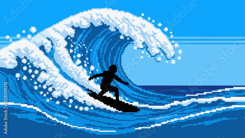 Pixelated surfer silhouette riding a big wave in a retro 8-bit video game style with a dynamic blue ocean and white foam spray under a clear sky