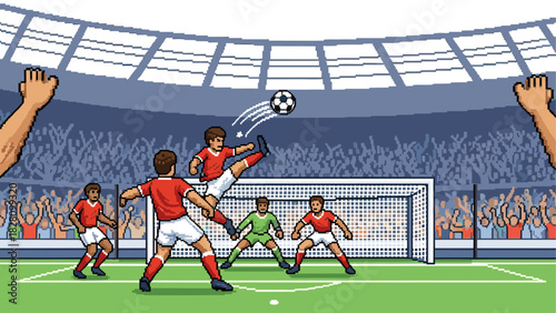 Pixel art soccer game scene with a player performing a spectacular bicycle kick to score a goal in a crowded stadium, representing a retro 8-bit video game aesthetic