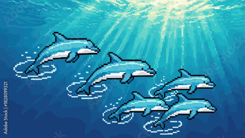Five blue pixelated dolphins swimming gracefully underwater in a retro 8-bit video game style illustration with beautiful sunlight filtering through the turquoise sea
