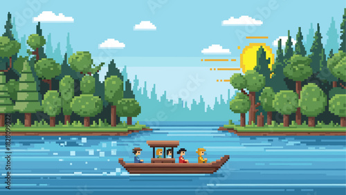 Pixelated wooden boat with four characters travels along a serene river surrounded by a dense forest in a charming 8-bit retro video game art style with a bright sun