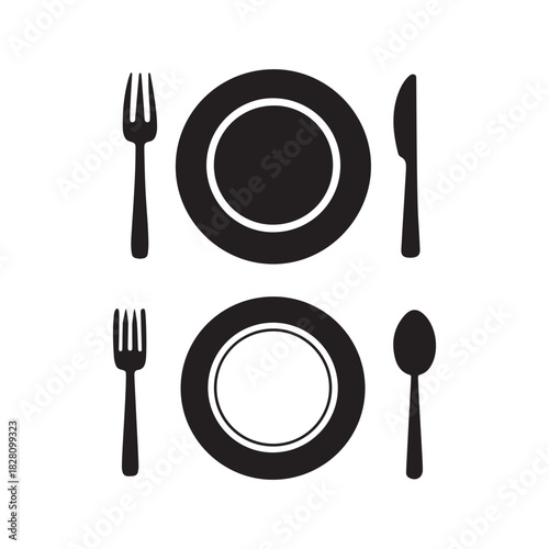 Minimalist Dining Set Icons – Plate, Fork, Knife and Spoon Symbols for Restaurant, Menu and Food Service Designs