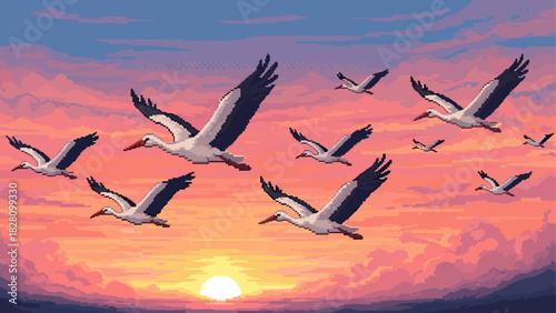 Flock of pixel art storks flying gracefully through a colorful sky at sunset in a beautiful retro video game style illustration with warm, serene lighting