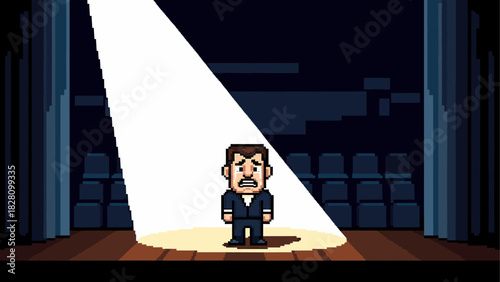 Scared pixel art man in a tuxedo crying on a wooden stage under a bright spotlight, illustrating performance anxiety and fear of public speaking in a retro video game style