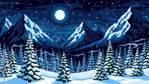 Pixel art winter mountain landscape with snowy pine trees and a full moon in a starry night sky, a serene and cold retro 8-bit video game style illustration