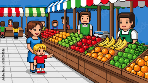 Pixel art illustration of a farmers market where a mother and child shop for fresh fruit from a friendly vendor at an outdoor stall with a colorful striped awning