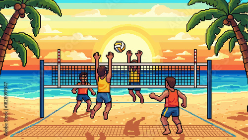 Pixel art illustration of people playing beach volleyball on a tropical coast during a vibrant sunset with palm trees and the ocean in a nostalgic 8-bit video game style