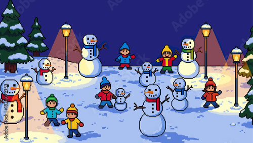 Cute pixel art children and snowmen enjoying a cheerful winter night scene, illuminated by warm street lamps among snow-covered trees