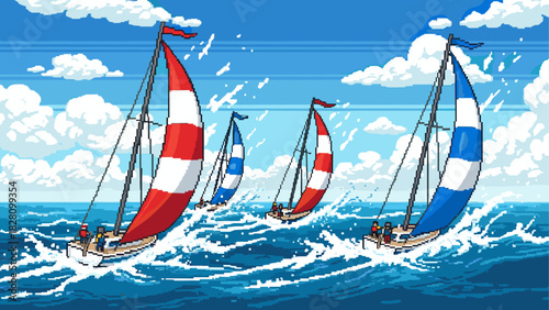 Colorful pixel art sailboats with red and blue striped sails competing in a regatta on a choppy ocean under a bright sky with fluffy clouds in a retro 8-bit video game style