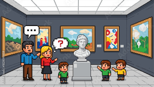 Pixel art family with three children visiting a modern art gallery, looking at paintings and a classical bust sculpture in a retro 8-bit video game style illustration
