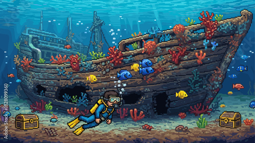 Pixel art underwater scene with a diver exploring a sunken shipwreck overgrown with coral, surrounded by colorful fish and a treasure chest on the ocean floor
