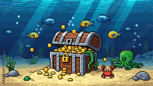 Pixel art wooden treasure chest overflowing with gold coins sits on the sandy seabed surrounded by fish, a crab, and an octopus in a retro video game scene