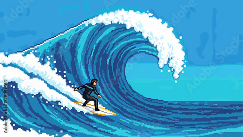 Pixel art illustration of a surfer riding a huge blue ocean wave in a retro 8-bit video game style, showcasing an extreme water sport and summer adventure
