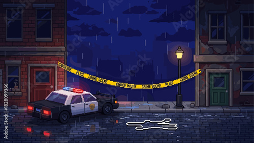 Dark pixel art crime scene illustration with a police car, chalk outline, and yellow tape on a rainy city street at night, creating a mysterious noir atmosphere