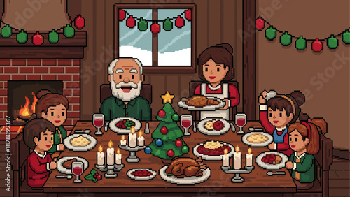 Pixel art family having Christmas dinner together in a cozy, rustic dining room with a fireplace, festive food, and warm candlelight creating a happy holiday atmosphere