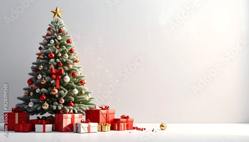 Festive Christmas tree adorned with ornaments, presents piled underneath, against a bright, neutral backdrop