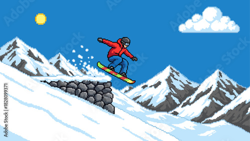 Pixel art snowboarder in a red jacket mid-jump from a snowy cliff in an 8-bit retro video game style with a mountain landscape and blue sky
