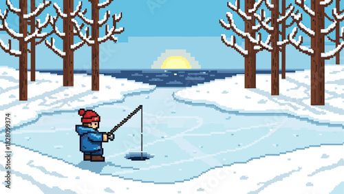 Pixel art illustration of a person ice fishing on a frozen lake in a serene winter landscape with snow-covered trees and a sunrise over the water