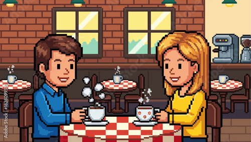 Pixel art illustration of a couple drinking coffee together at a cozy cafe table with a checkered tablecloth, enjoying a happy and romantic date in a retro video game style