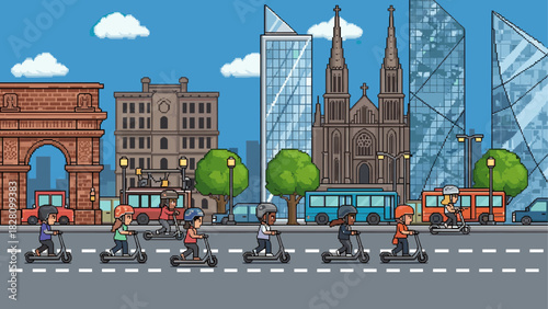 Diverse group of people riding electric scooters in a line on a busy city street in a retro 8-bit pixel art illustration style with a detailed urban skyline