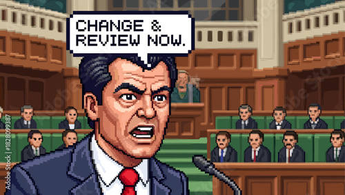 Pixel art politician in a dark suit giving a passionate speech at a podium in a government chamber with a text bubble demanding change and review now