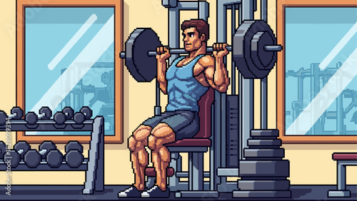 Muscular pixel art man in a blue tank top lifting a heavy barbell on a shoulder press machine, showcasing strength and determination in a retro video game style gym