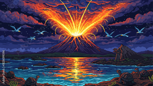 Pixel art landscape of an erupting volcano spewing glowing lava and ash into a starry night sky, with its reflection on the water and turtles on the shore