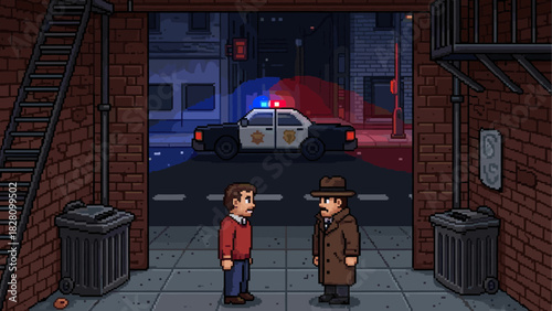 Two pixel art men, a detective and a witness, talking in a dark city alley at night with a police car's flashing lights in the background creating a noir crime scene