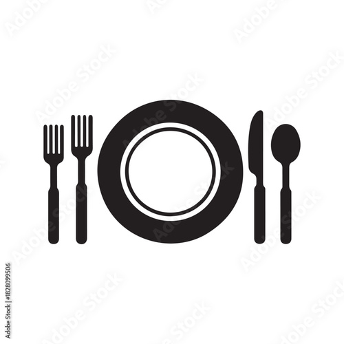 Minimalist Dining Set Icons – Plate, Fork, Knife and Spoon Symbols for Restaurant, Menu and Food Service Designs