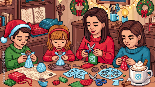 Pixel art family with mother and children crafting handmade Christmas decorations together at a wooden table in a cozy, festive room with warm lights and wreaths