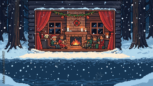 Cozy pixel art scene of people gathered around a warm fireplace inside a decorated log cabin during a snowy winter night in a dark forest