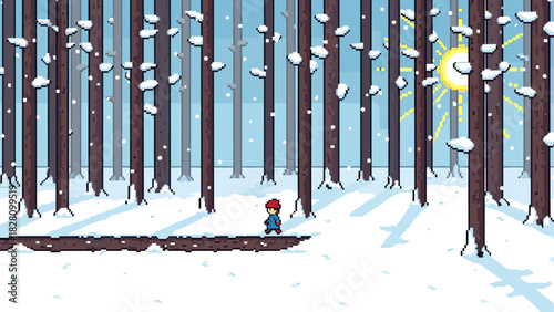 Pixel art video game scene of a character walking through a snowy winter forest with tall trees and bright sunshine casting long shadows on the ground in a retro 8-bit style