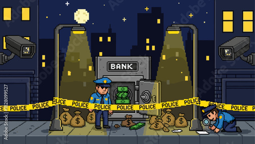 Pixel art bank robbery crime scene illustration with police officers investigating an open safe full of money on a city street at night