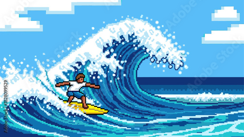 Pixel art illustration of a surfer riding a large blue ocean wave on a yellow surfboard in a retro 8-bit video game style under a sunny sky with clouds