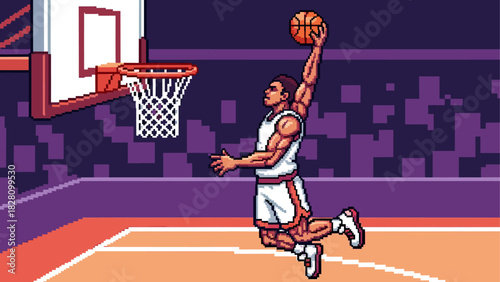 Pixel art basketball player in mid-air dunking the ball with one hand during a game on a court with a purple background, representing a retro video game aesthetic