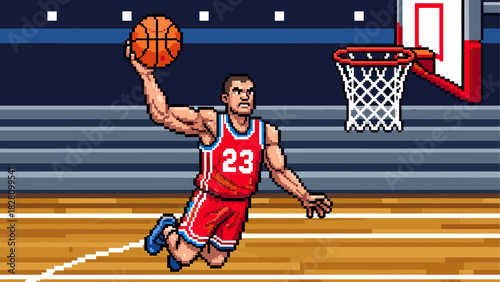 Pixel art basketball player in a red uniform jumping mid-air for a powerful slam dunk, illustrated in a dynamic retro 8-bit video game style on a court