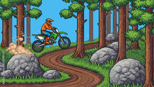 Pixelated motocross rider on a green dirt bike kicks up dust while racing on a winding trail through a sunny forest in a retro video game style