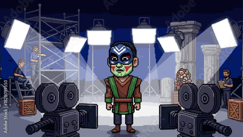 Pixel art actor in a costume and colorful mask stands on a busy movie set surrounded by vintage cameras and bright studio lights during filming