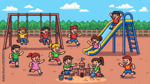 Pixel art illustration of happy children playing together on a sunny day at an outdoor playground with a slide, swings, and a sandbox in a retro 8-bit video game style