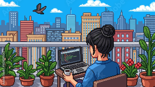Female programmer with dark hair coding on a laptop while drinking coffee on a city balcony with potted plants, in a detailed pixel art style with a cityscape background