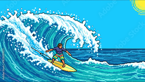 Pixel art illustration of a surfer riding a large blue ocean wave on a yellow surfboard, a retro 8-bit video game style scene with a bright sun in a clear sky