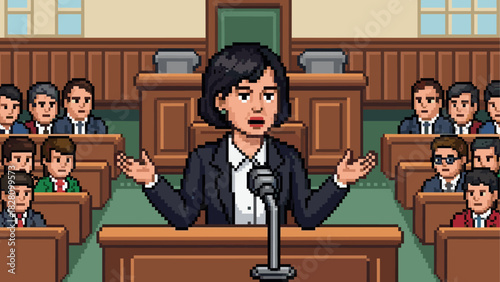Confident female politician in a suit speaking at a podium with a microphone during a debate in a retro 8-bit pixel art style illustration