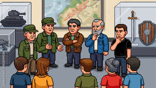 Pixel art illustration of elderly war veterans telling stories to an audience in a military history museum with exhibits like a tank model, sword, and shield