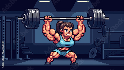 Muscular female weightlifter in pixel art style lifting a heavy barbell overhead in a dimly lit gym with a determined expression on her face