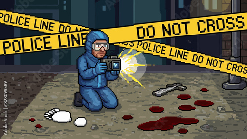Pixel art forensic investigator in a blue hazmat suit kneeling to photograph evidence with a flash at a nighttime urban crime scene with police tape and blood