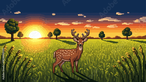 Pixel art spotted deer with antlers standing in a sunlit meadow during a beautiful golden hour sunset in a nostalgic retro video game aesthetic