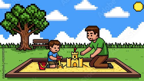 Loving father and his little boy playing together in a sandbox, building a sandcastle in a retro 8-bit pixel art illustration of a sunny park scene