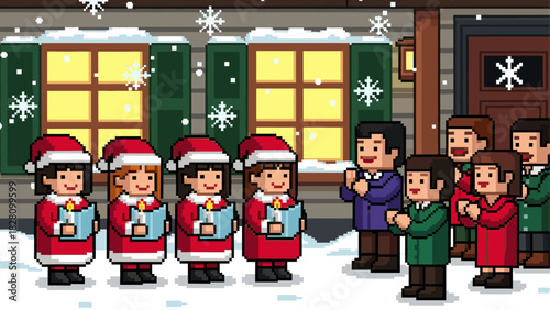 Pixel art Christmas carolers singing traditional songs for a family outside a cozy house on a snowy winter evening, creating a festive and heartwarming holiday scene
